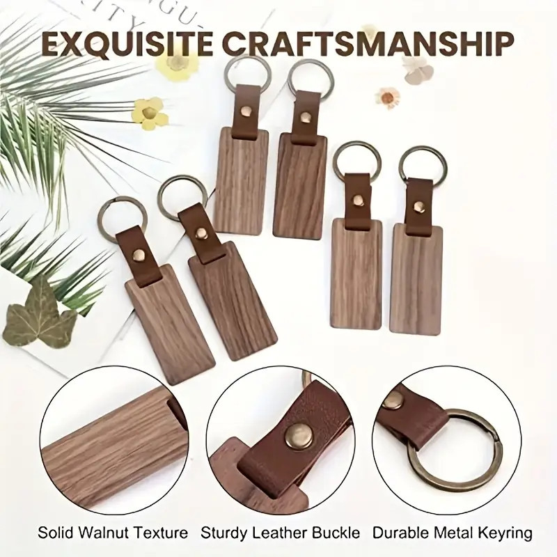 Rectangular Engraved Key Rings Walnut & Leather Laser Engraved Keyrings – Round or Rectangular