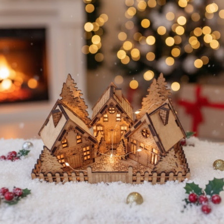 Rustic Wooden Christmas Village Scene