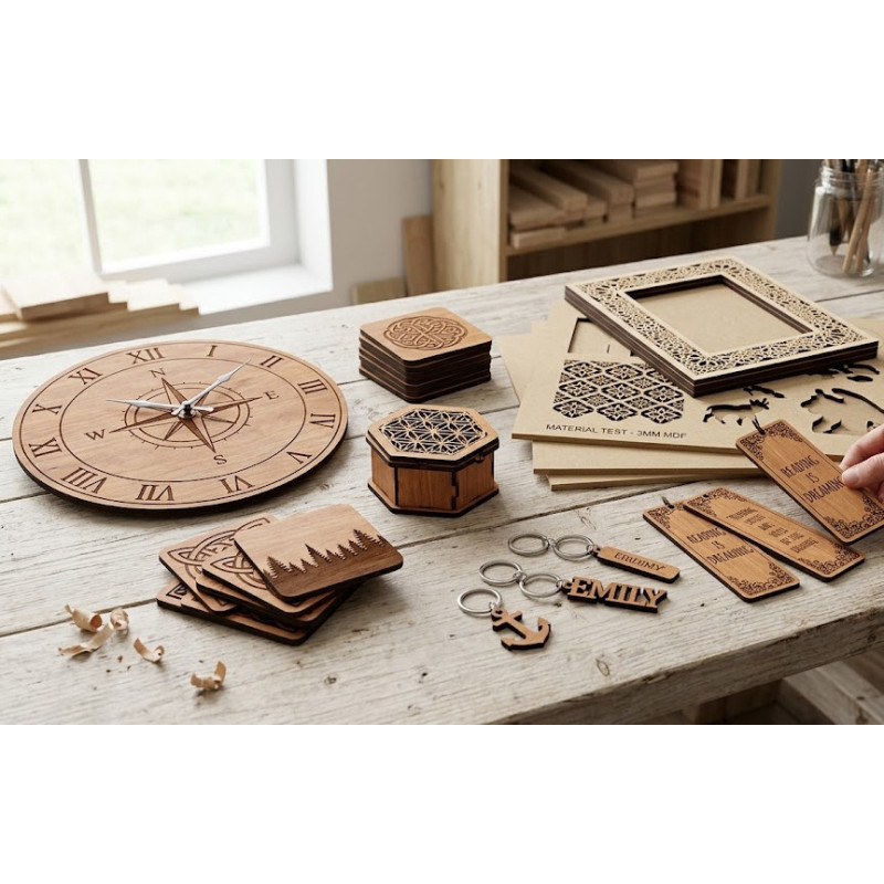 Collection of custom laser engraved wood clocks, leather keyrings, and MDF bookmarks