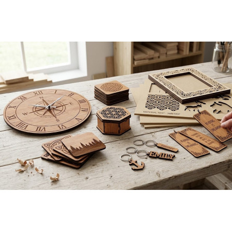 Collection of custom laser engraved wood clocks, leather keyrings, and MDF bookmarks