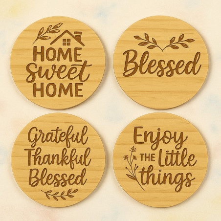 Rustic Pine Laser-Engraved Coaster Set – Pack of 4 | Stylish Wooden Drink Coasters