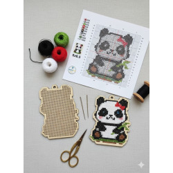 Wooden Panda with bow Cross Stitch Keyring Kit | Beginner Friendly Craft