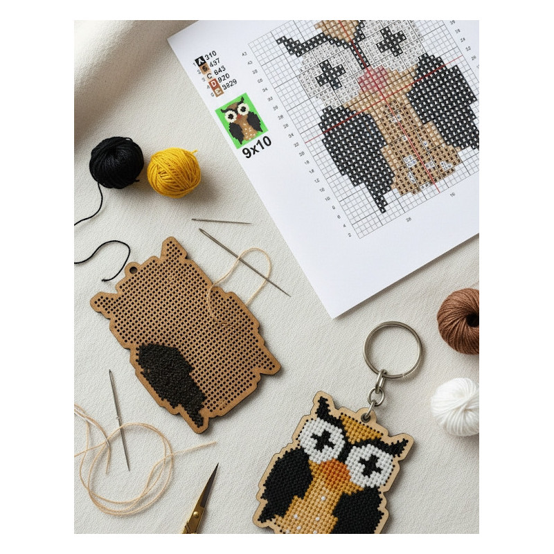 Wooden Owl Cross Stitch Keyring Kit | Beginner Friendly Craft