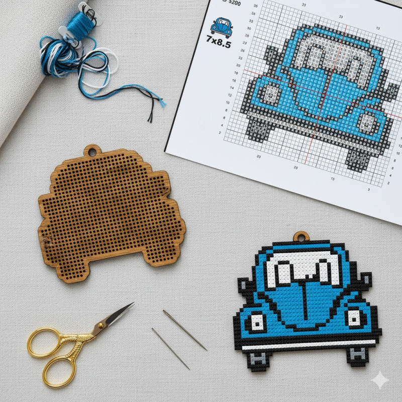 Wooden VW Car Cross Stitch Keyring Kit | Beginner Friendly Craft Wooden VW Car Cross Stitch Keyring Kit | Beginner Friendly Craft
