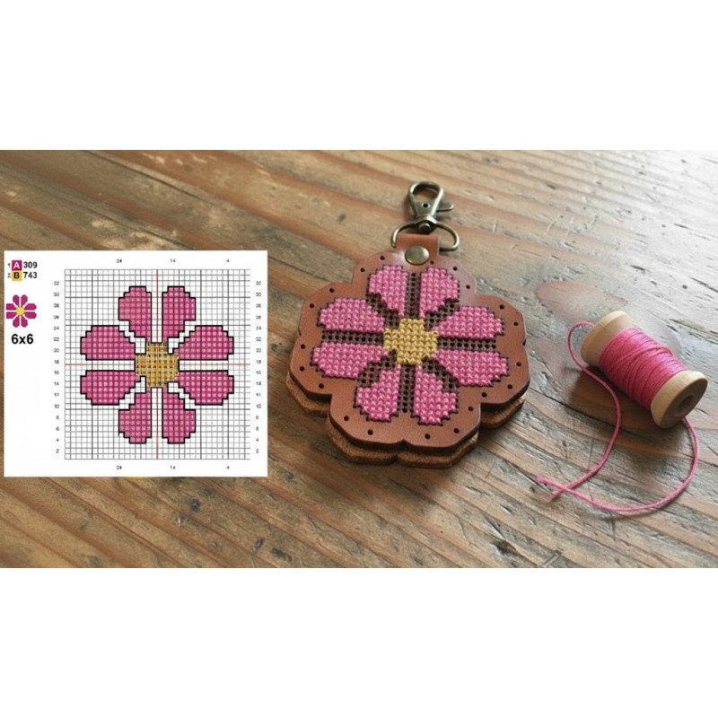 DIY Leather Cross Stitch Keyring Kit – Flower Design | Handmade Veg Tan Leather Craft Kit