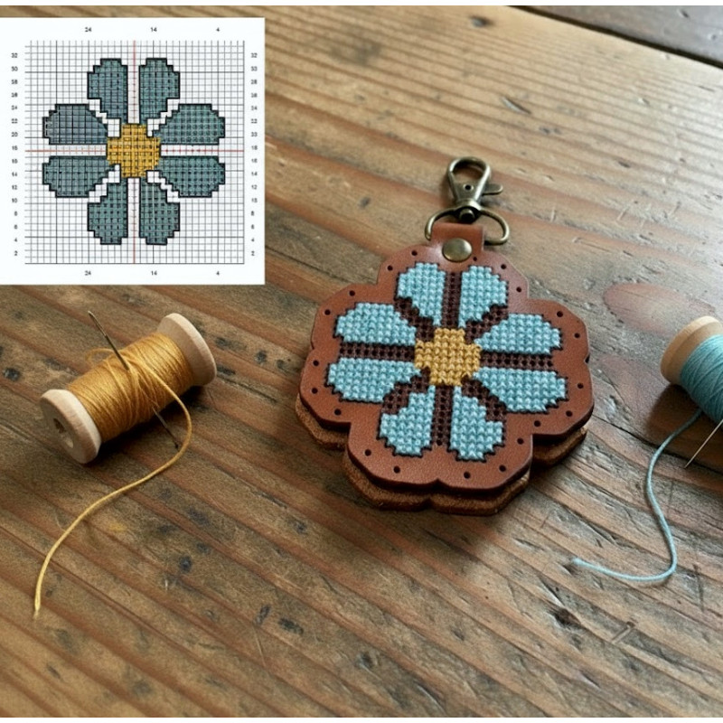 DIY Leather Cross Stitch Keyring Kit – Flower Design | Handmade Veg Tan Leather Craft Kit