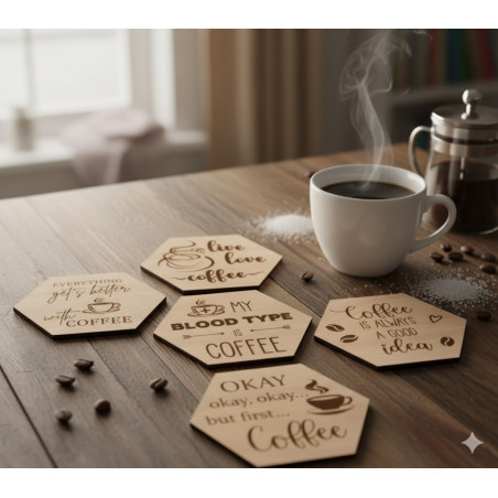 Hexagon Coffee Coasters (Set of 6) | Laser Engraved MDF Wood